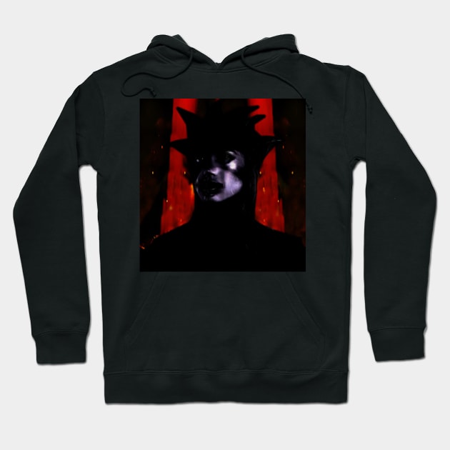 Beautiful girl in strange dark suit, with face mask. Red castle or rock on background. Red, blue, violet. Dark. Hoodie by 234TeeUser234